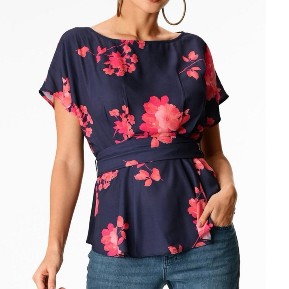 eShakti Custom Floral Print Crepe Sash Waist Blouse